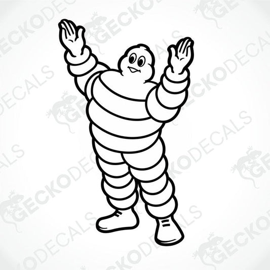 A black and white decal of the Michelin man, a cartoon character wearing striped overalls and presenting with hands raised.