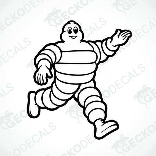 A die cut decal of a cartoon tire character standing upright, designed for use on various surfaces.