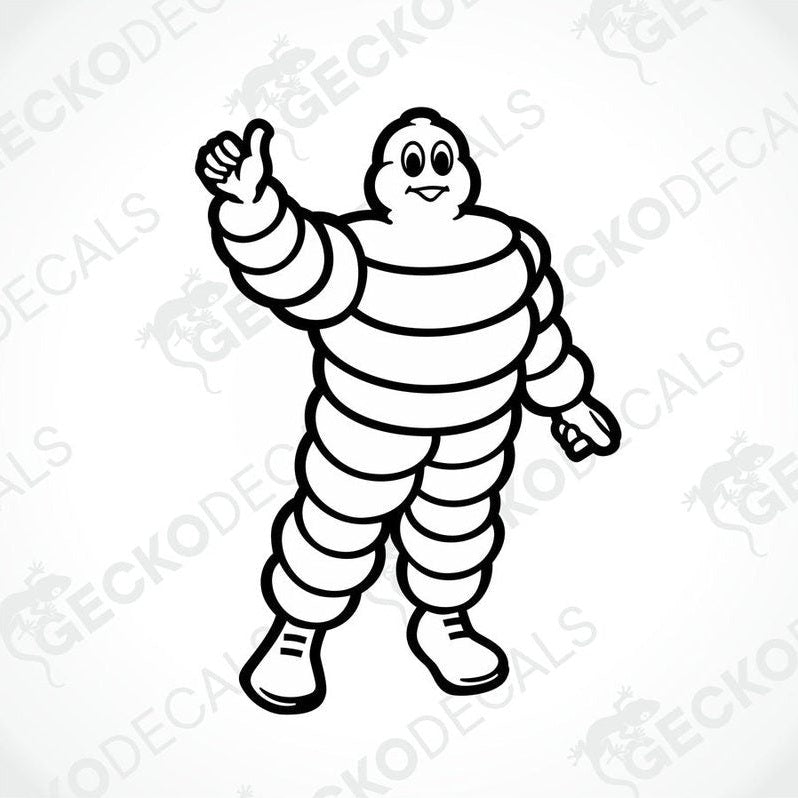 A black and white die cut decal of the Michelin man, intended for use on both interior and exterior surfaces.