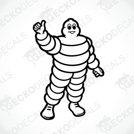 A black and white die cut decal of the Michelin man, intended for use on both interior and exterior surfaces.