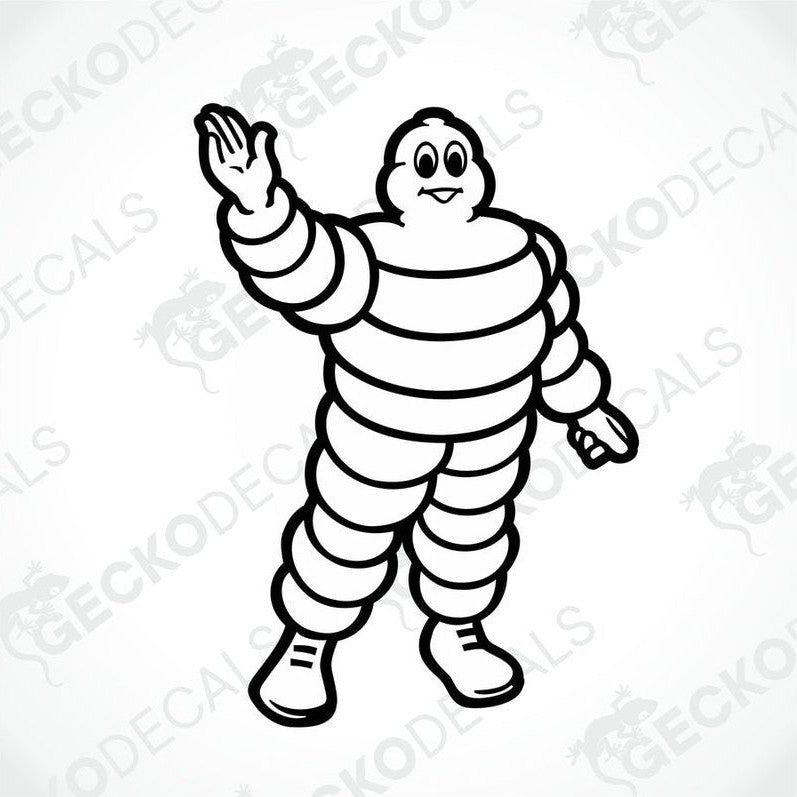 A die cut decal of the Michelin man, a cartoon character wearing striped overalls and waving.