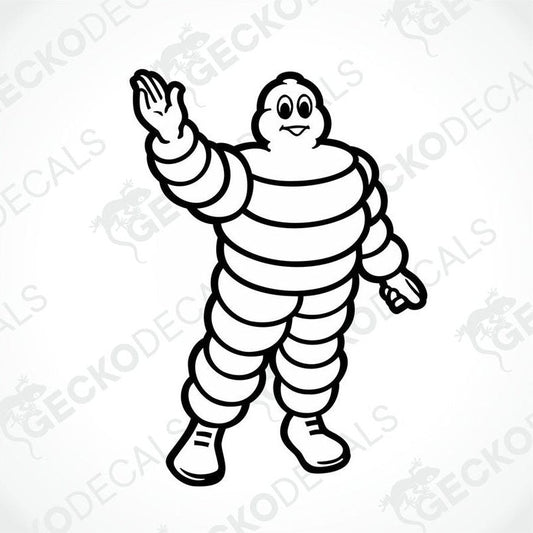 A die cut decal of the Michelin man, a cartoon character wearing striped overalls and waving.