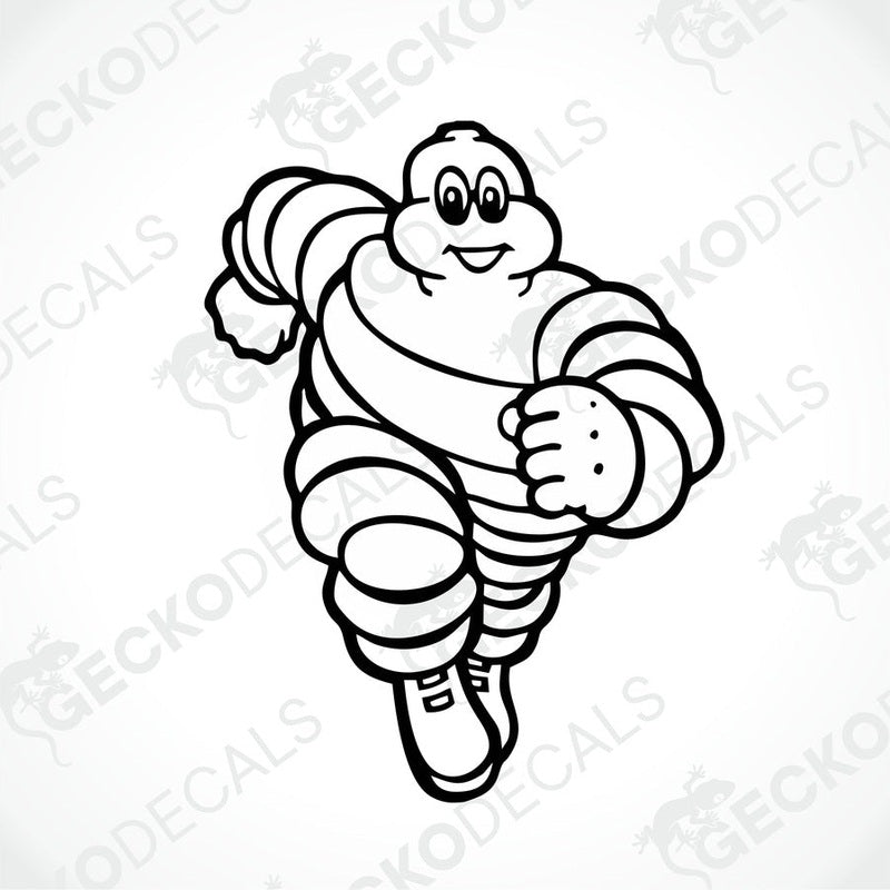 A black and white die cut decal of a cartoonish tire character with the brand name 'MICHELIN' written on its head.