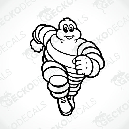 A black and white die cut decal of a cartoonish tire character with the brand name 'MICHELIN' written on its head.