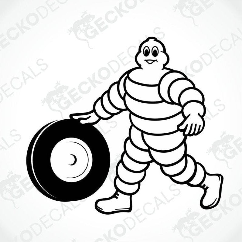 A cartoon sticker of a happy tire character with the brand name 'MICHELIN'.