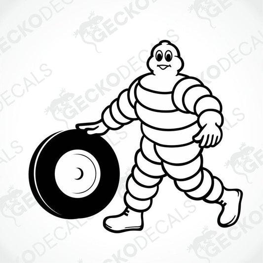 A cartoon sticker of a happy tire character with the brand name 'MICHELIN'.