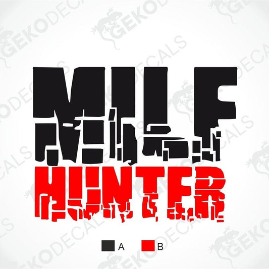 Black and red text 'MILF HUNTER' on a white background with 'Gekodeals' branding.