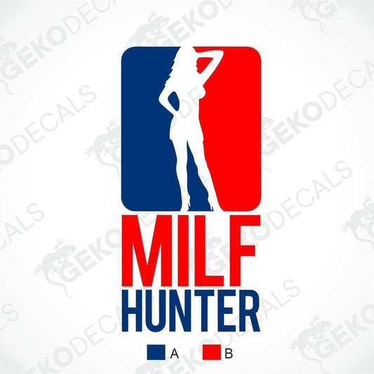 Logo with 'MILF Hunter' text and silhouette on a white background