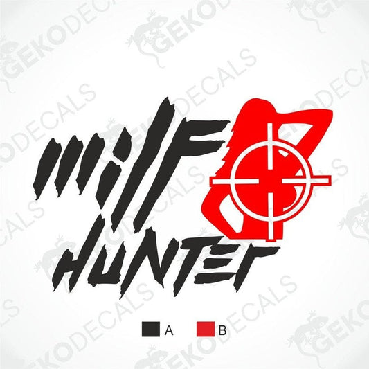 Logo with text ' milf HUNTER' and a red silhouette of a woman with a target on a white background.