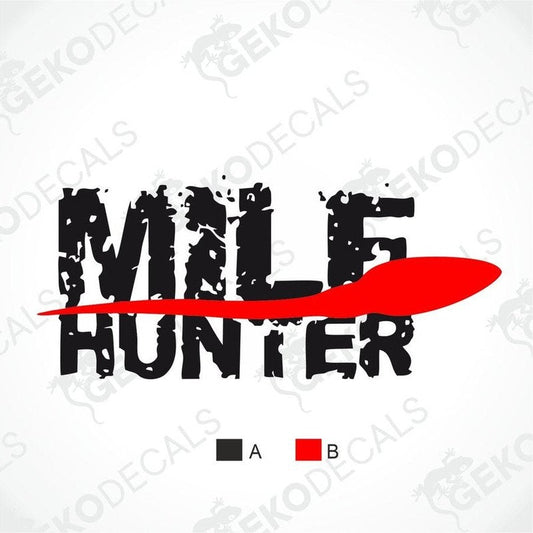 Sticker design with 'Mile Hunter' text and red arrow on a white background