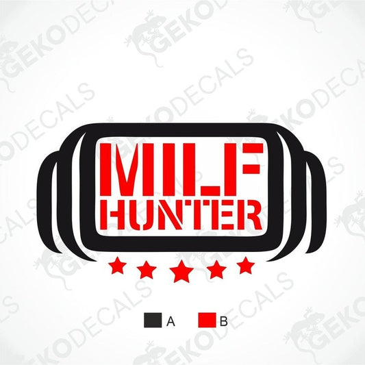Decal design with 'MILF HUNTER' text and red stars on a white background.