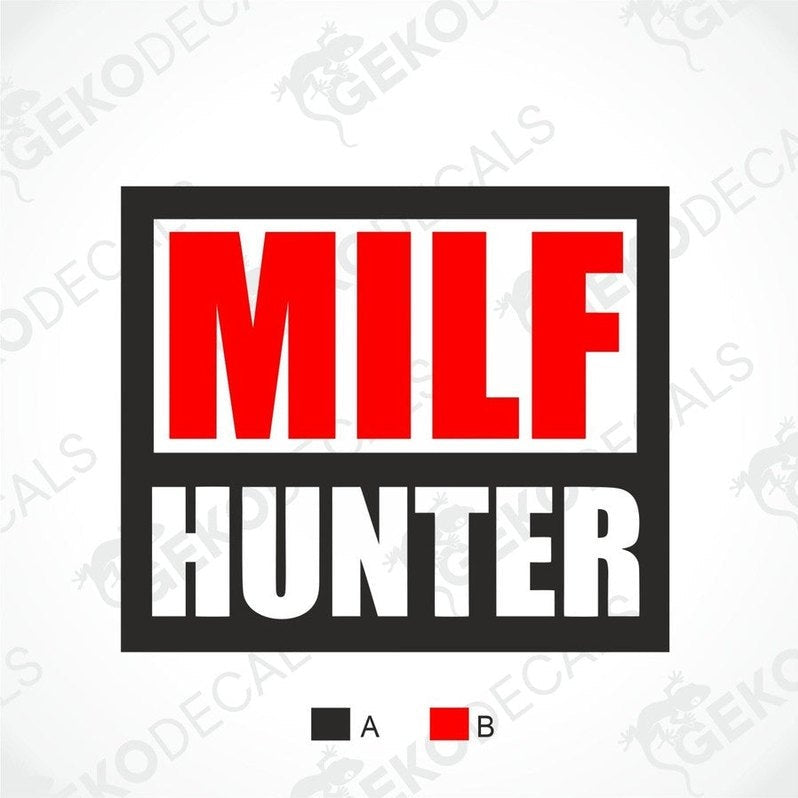 Logo with 'MILF HUNTER' text in red and white on a black border, with 'Gekodecals' branding.