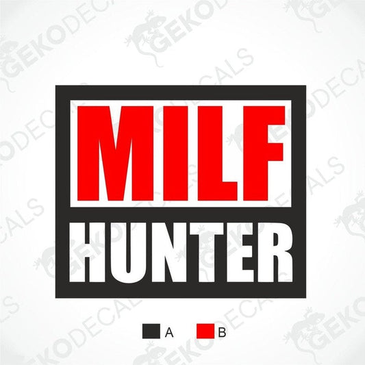 Logo with 'MILF HUNTER' text in red and white on a black border, with 'Gekodecals' branding.
