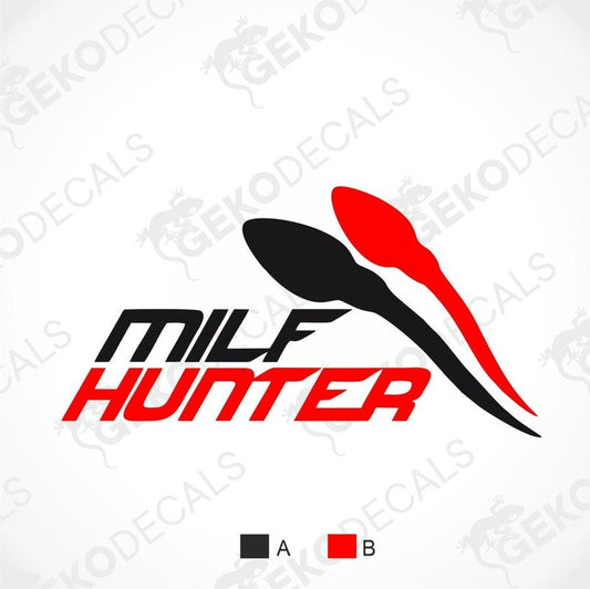 Logo with 'MILF Hunter' text and black and red design on a white background with 'Gekodecals' branding.