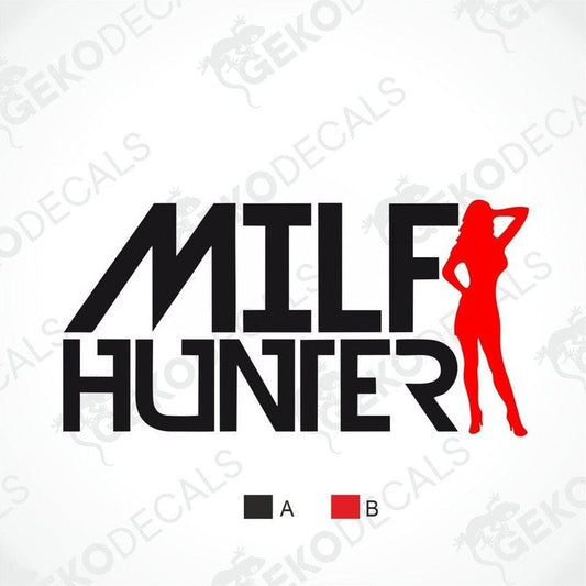 Logo with 'MILF HUNTER' text and a red silhouette of a woman on a white background.