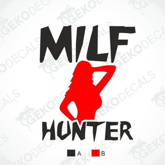 Stylized graphic with 'MILF Hunter' text and a red silhouette of a woman on a white background.