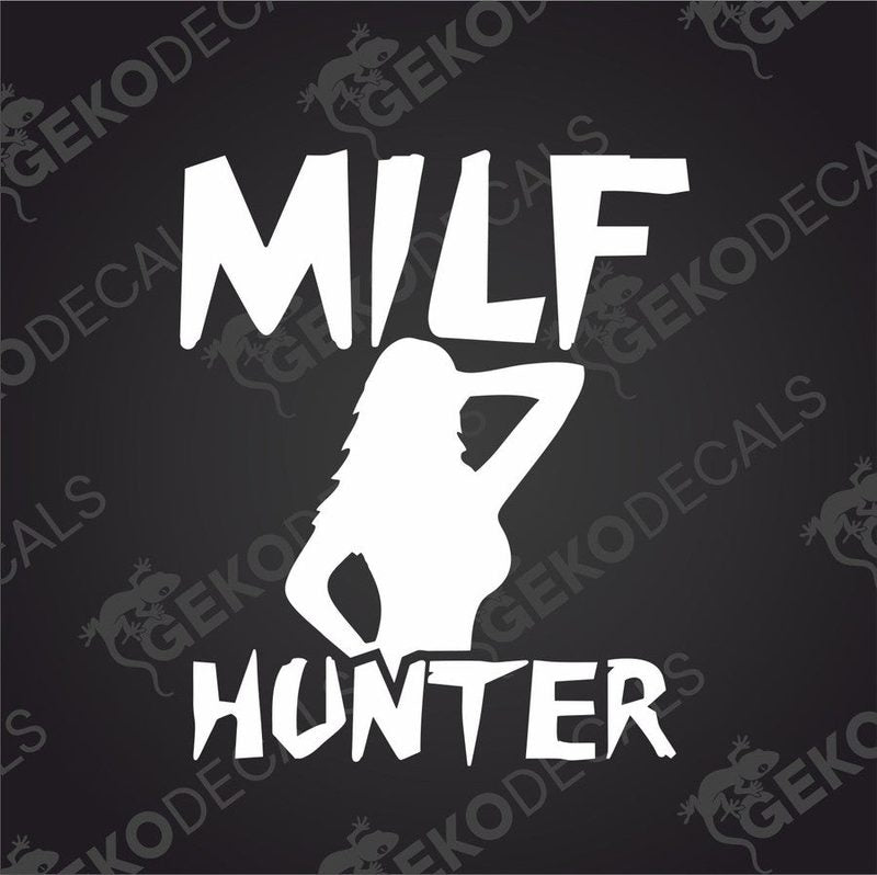 Silhouette of a woman with 'MILF Hunter' text on a black background