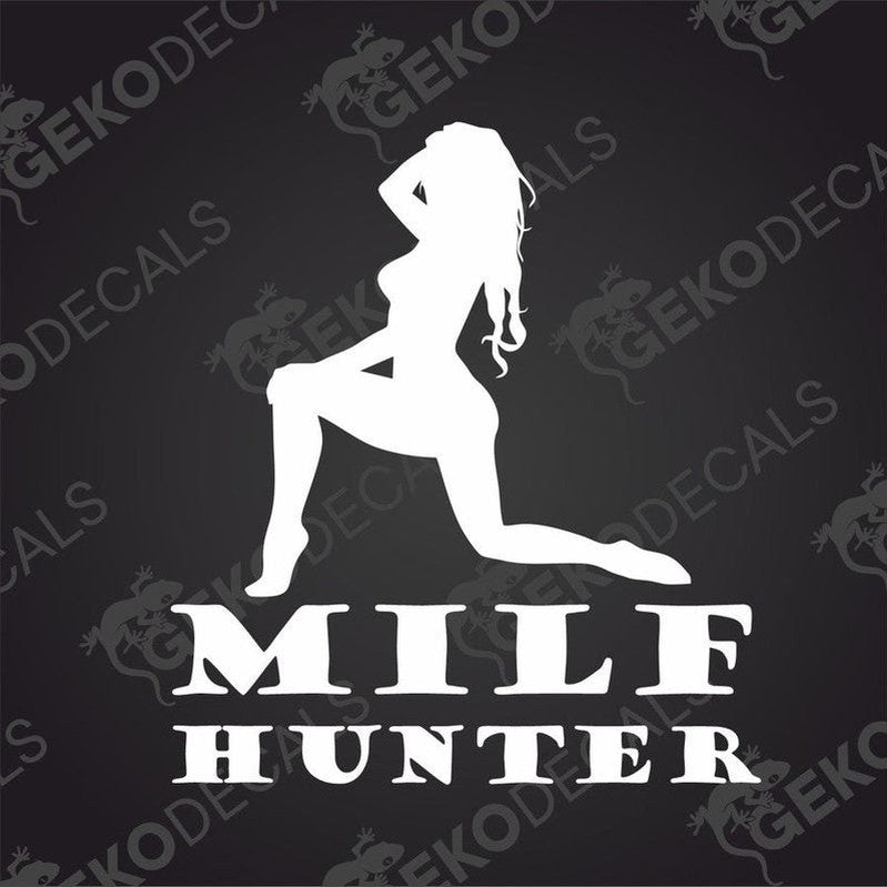 Silhouette of a woman with 'MILF Hunter' text on a black background with 'Gekodecals' branding.