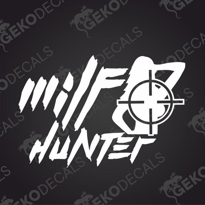 White 'Wife Hunter' decal with target symbol on a black background, featuring GEKODECALS branding.