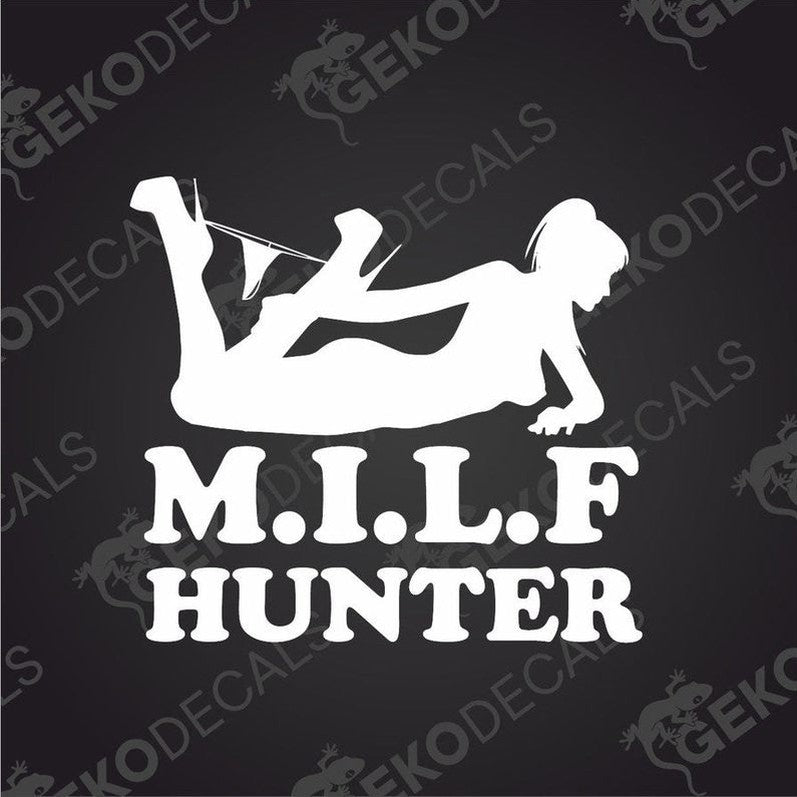 White silhouette of a woman and text 'M.I.L.F. Hunter' on a black background with 'Gekode Decals' branding.