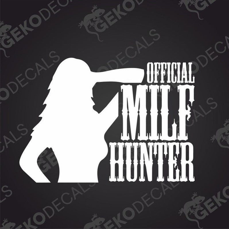 Silhouette of a person with 'Official MILF Hunter' text on a black background with 'Gekodecals' branding.