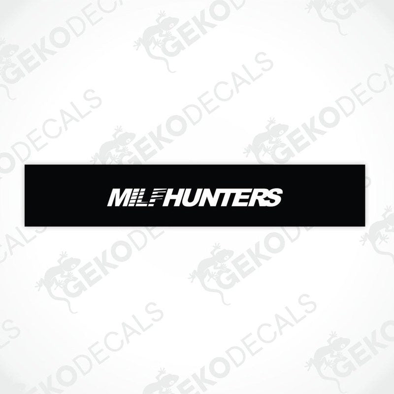 A black rectangular decal featuring the white stylized text 'MILFHUNTERS'.