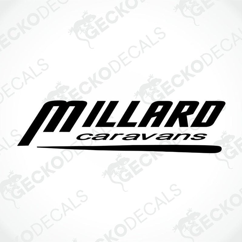 A black and white sticker with the text 'MILLARD caravans' on it, designed for use as a decal on vehicles.