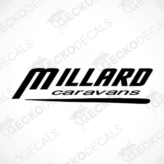 A black and white sticker with the text 'MILLARD caravans' on it, designed for use as a decal on vehicles.