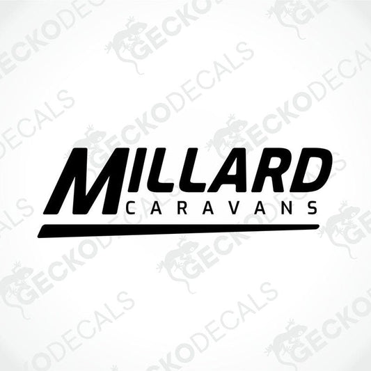 A black die cut sticker with the text 'MILLARD CARAVANS' and a graphical element resembling a caravan.