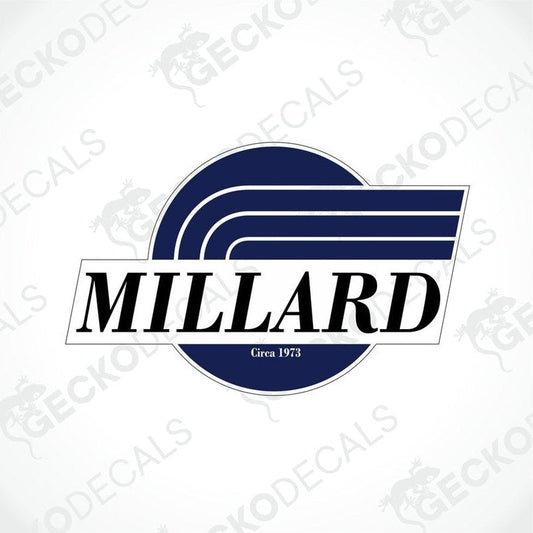 A die cut sticker with a white background featuring the text 'MILLARD' and a graphic design that resembles a caravan.