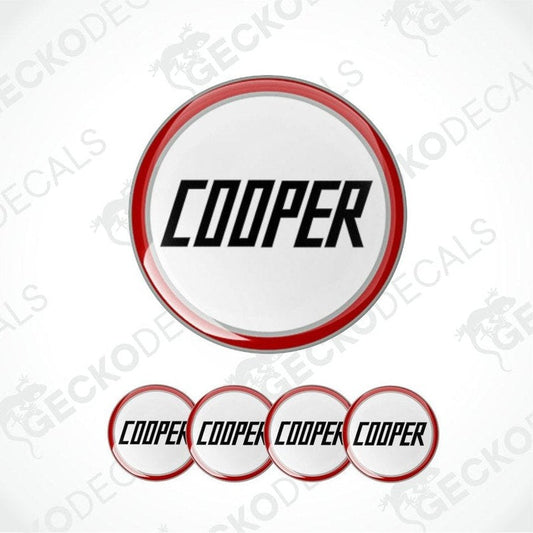 Set of Cooper logos with red and white design on a light gray background