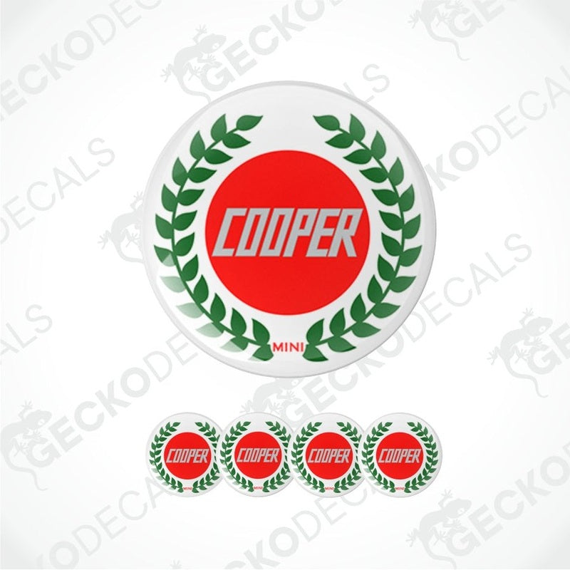 Cooper Mini logo with green laurel wreath on a white background