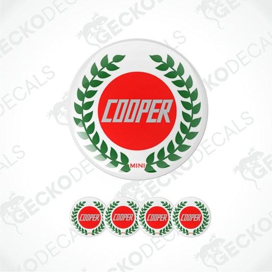 Cooper Mini logo with green laurel wreath on a white background
