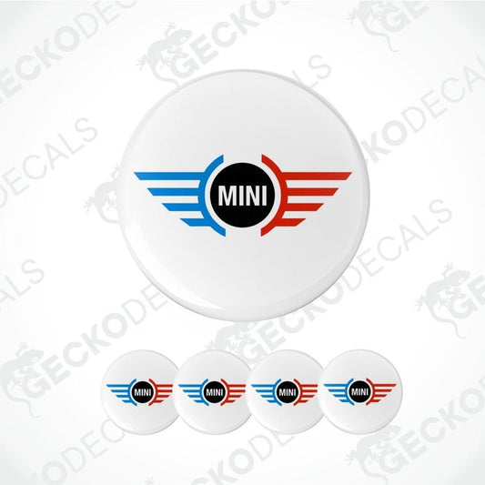 Set of white coasters with Mini logo on a white background
