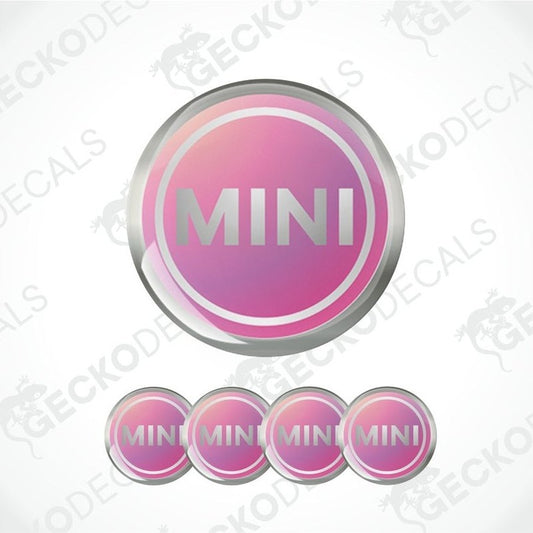 Pink and silver 'MINI' logo with multiple instances on a white background