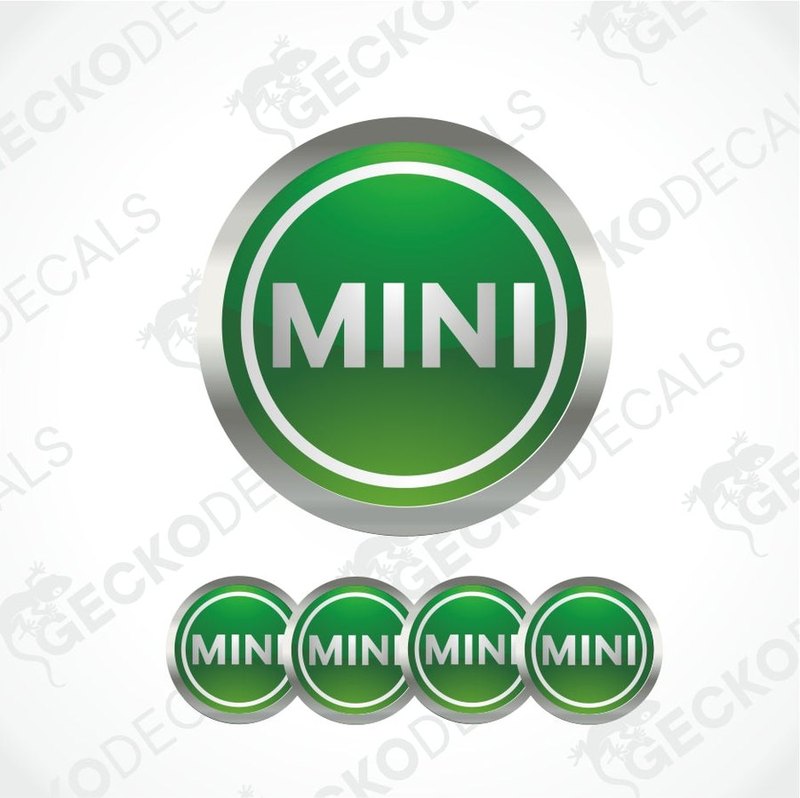 Green and silver 'MINI' logo decal on a white background with 'GECKODECALS' watermark.
