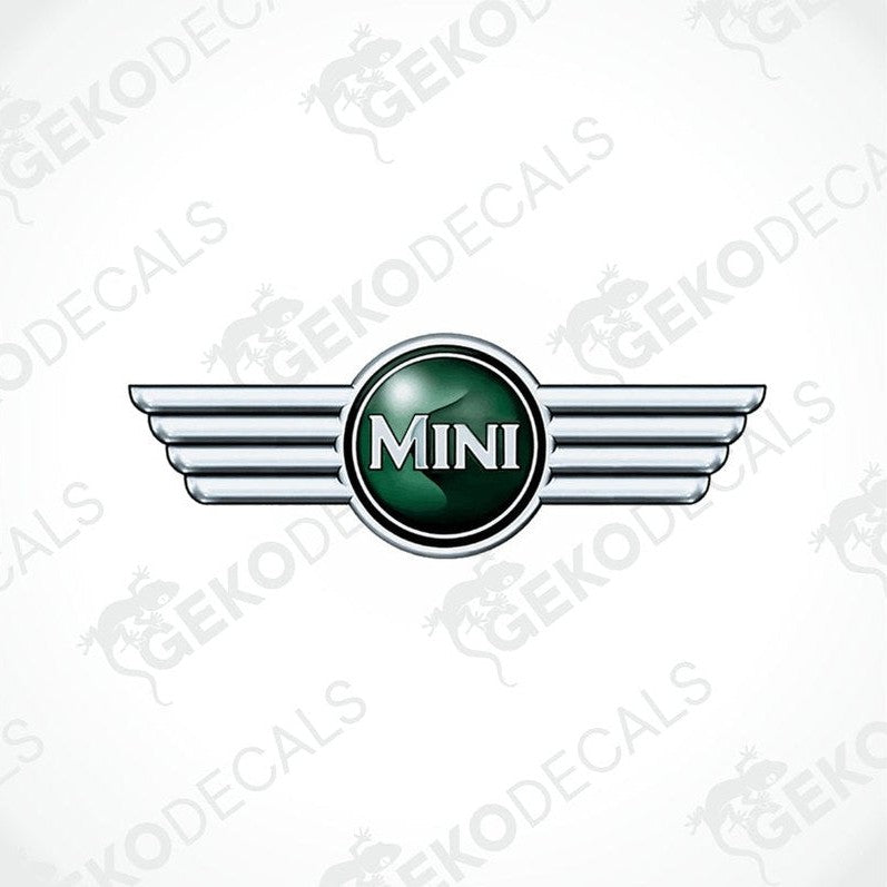 Vinyl stickers with a MINI COOPER branding, featuring a green and silver emblem design.