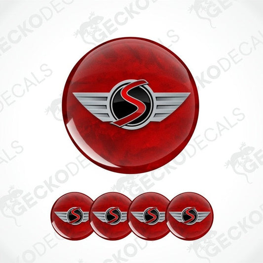 Red circular decal with a silver and black logo on a white background.