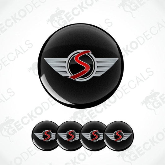Black round decal with a red and silver logo on a white background