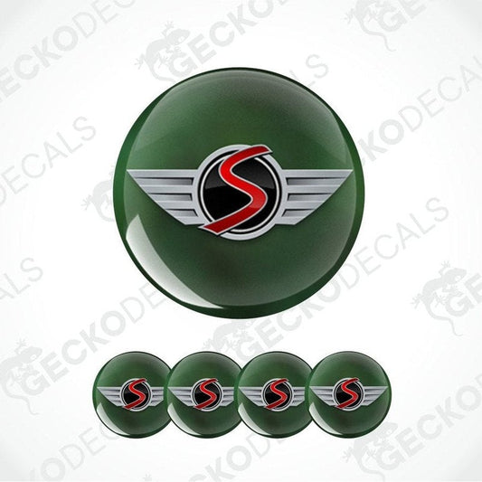 Set of green round decals with a logo on a white background
