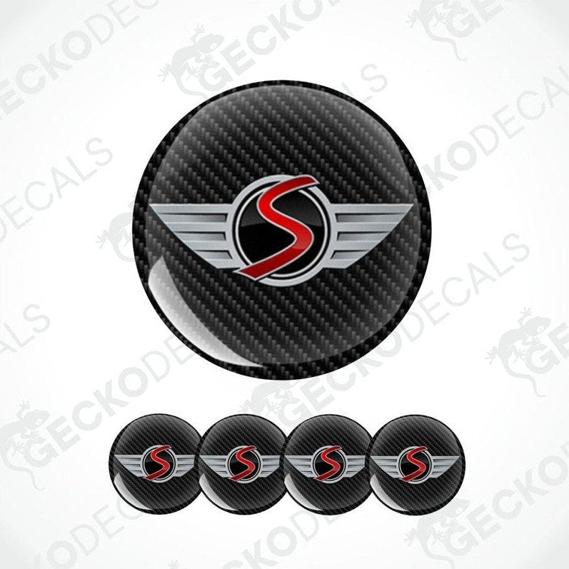 3D Mini logo with a big red S on a black carbon background epoxy decal set