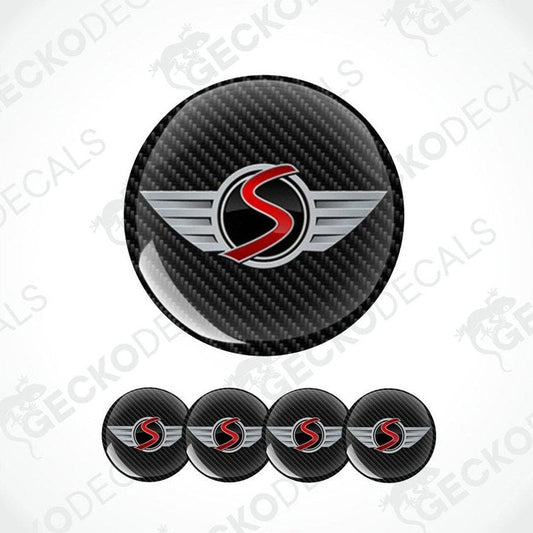 3D Mini logo with a big red S on a black carbon background epoxy decal set