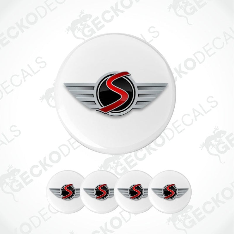 Set of five white stickers with a red and black logo on a white background.