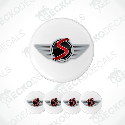Set of five white stickers with a red and black logo on a white background.