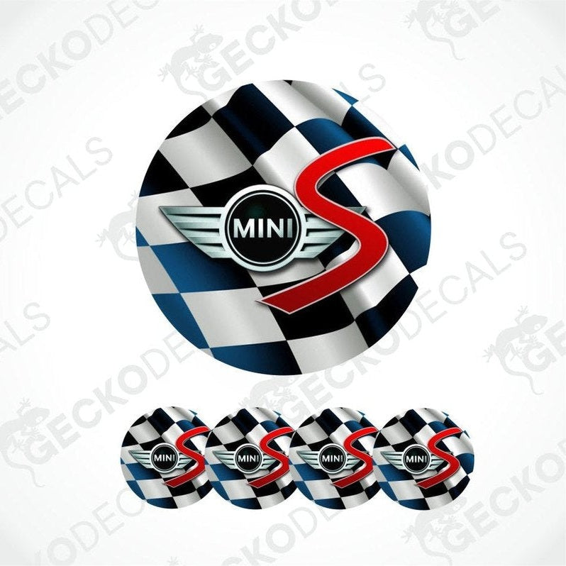 
a square flag on a round background with a three-dimensional gray Mini logo in the middle and a large red S on top of it