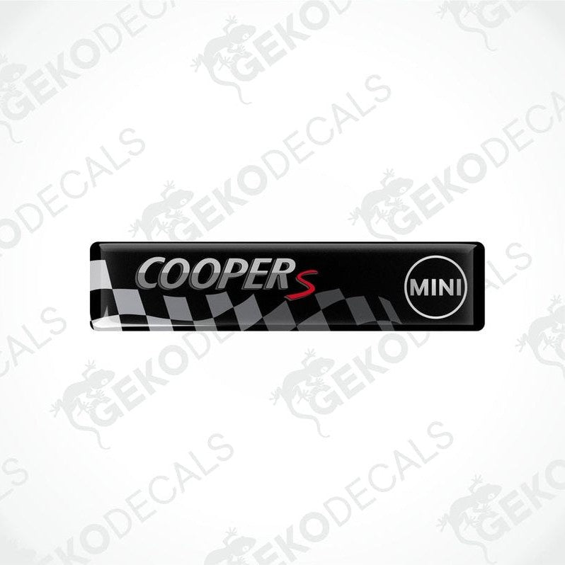 Black vinyl stickers with the text 'COOPER S' and a checkered pattern design, placed against a white background with the GeckoDecals logo.