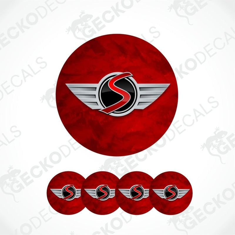 Red circular decal with a logo featuring a winged 'S' on a white background.