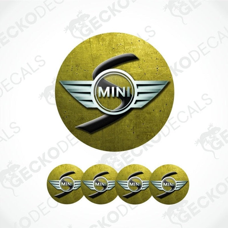 a three-dimensional gray Mini S logo on a mustard yellow scratched metal background