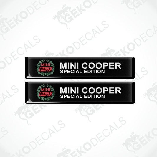 Two Black, green,red and white vinyl decals with the Mini Cooper Special edition logo