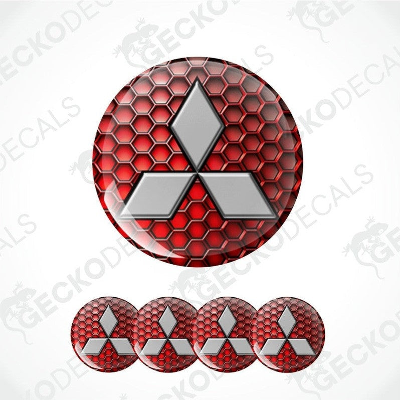 Red and silver Mitsubishi logo with honeycomb pattern on a white background